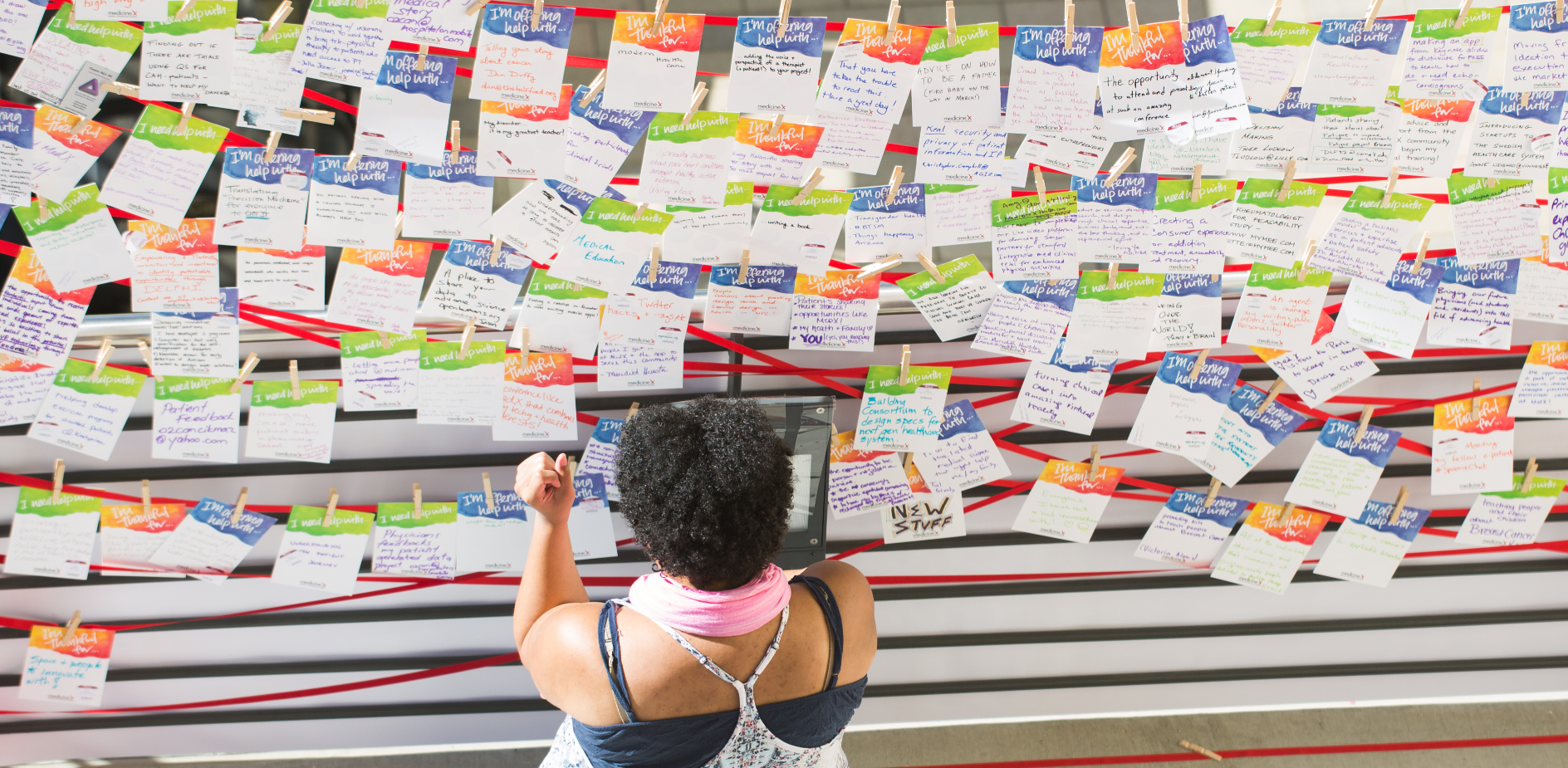 woman inspecting cards attached to wall